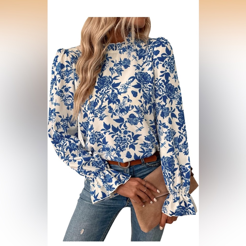 Floral Print Long Sleeve Ruffle High Neck
Blouse Blue and White Medium NWOT